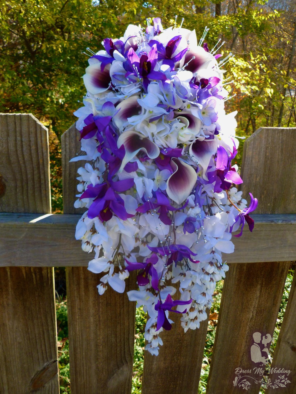 Dress My Wedding – Cascading bridal bouquet with purple, plum, lavender