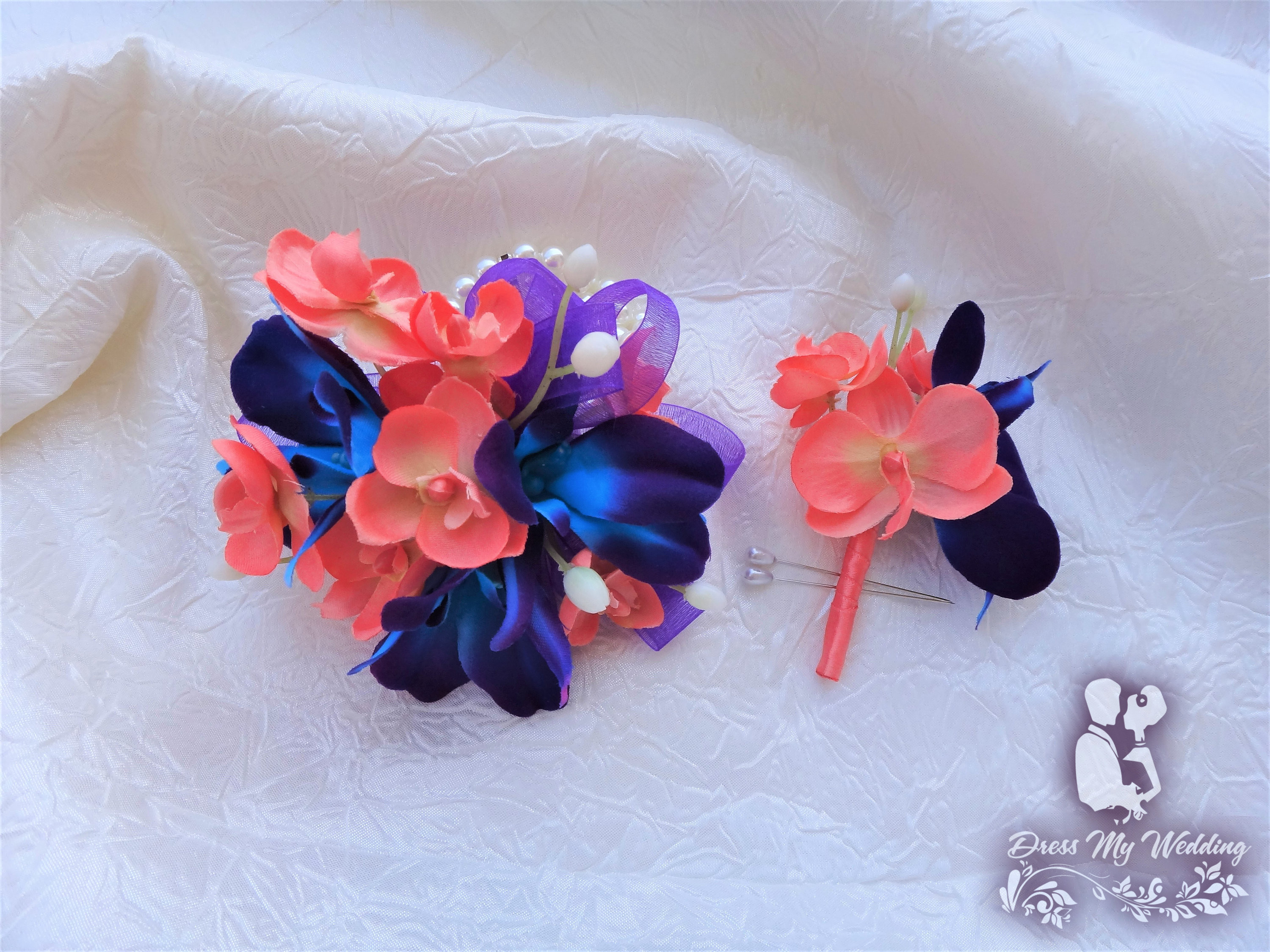 Dress My Wedding Galaxy Orchid Coral Wrist Corsage And Boutonniere Set 