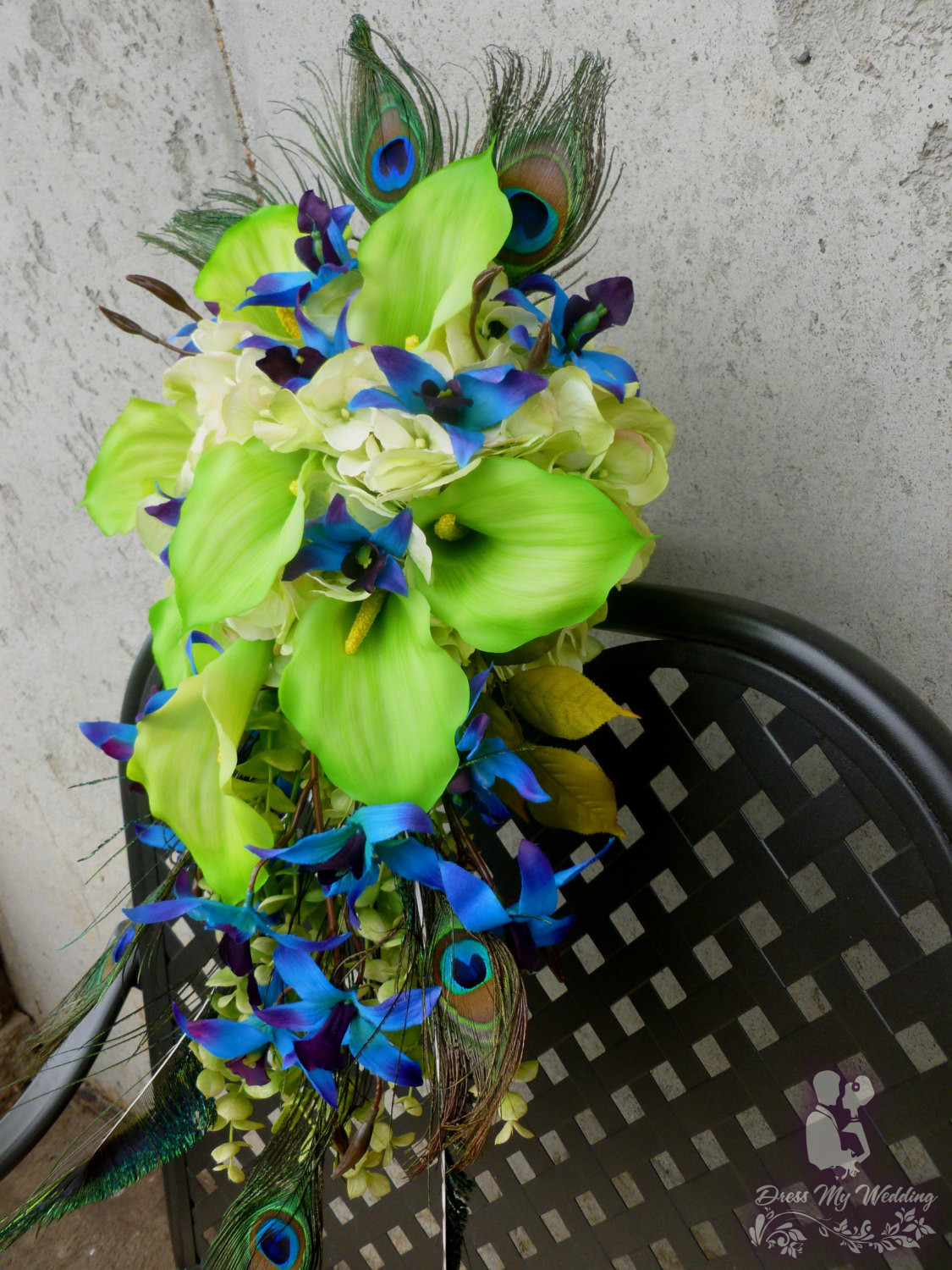 Dress My Wedding Purple Blue Orchid Bouquet Hydrangeas Lime Calla Lilies Peacock Feather