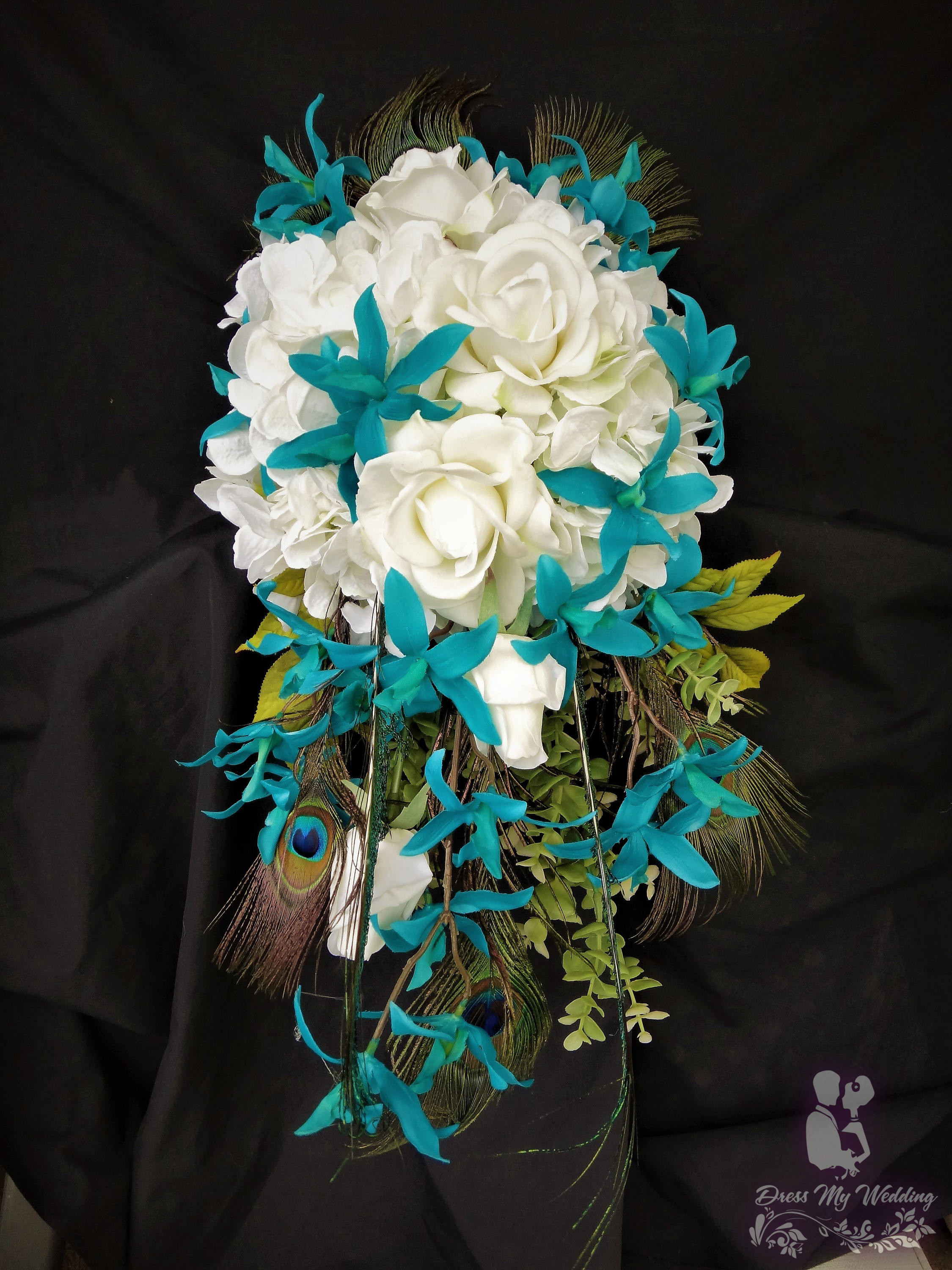 Dress My Wedding Teal Orchid Bridal Bouquet With White Roses And Peacock Feathers