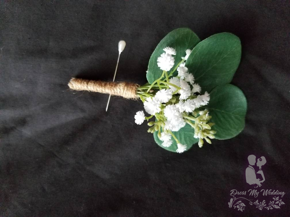 Dress My Wedding – Eucalyptus boutonniere, baby's breath