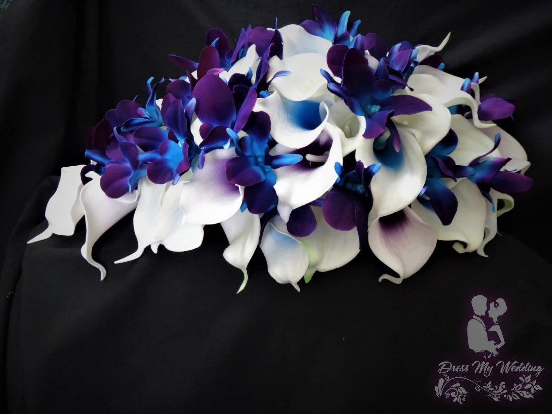 Dress My Wedding Real Touch Calla Lily Galaxy Orchid Purple Blue Orchid Bridal Bouquet 0066