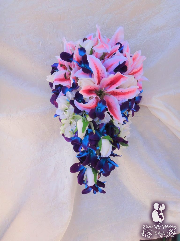 Dress My Wedding – Tiger lily and galaxy orchid Cascading bridal bouquet