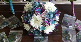 Gerbera daisy, thistle, and galaxy orchid bouquet