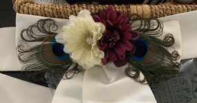 Daisy sash pin, dark purple daisy cream daisy with peacock feathers, rhinestone accent piece, dress sash